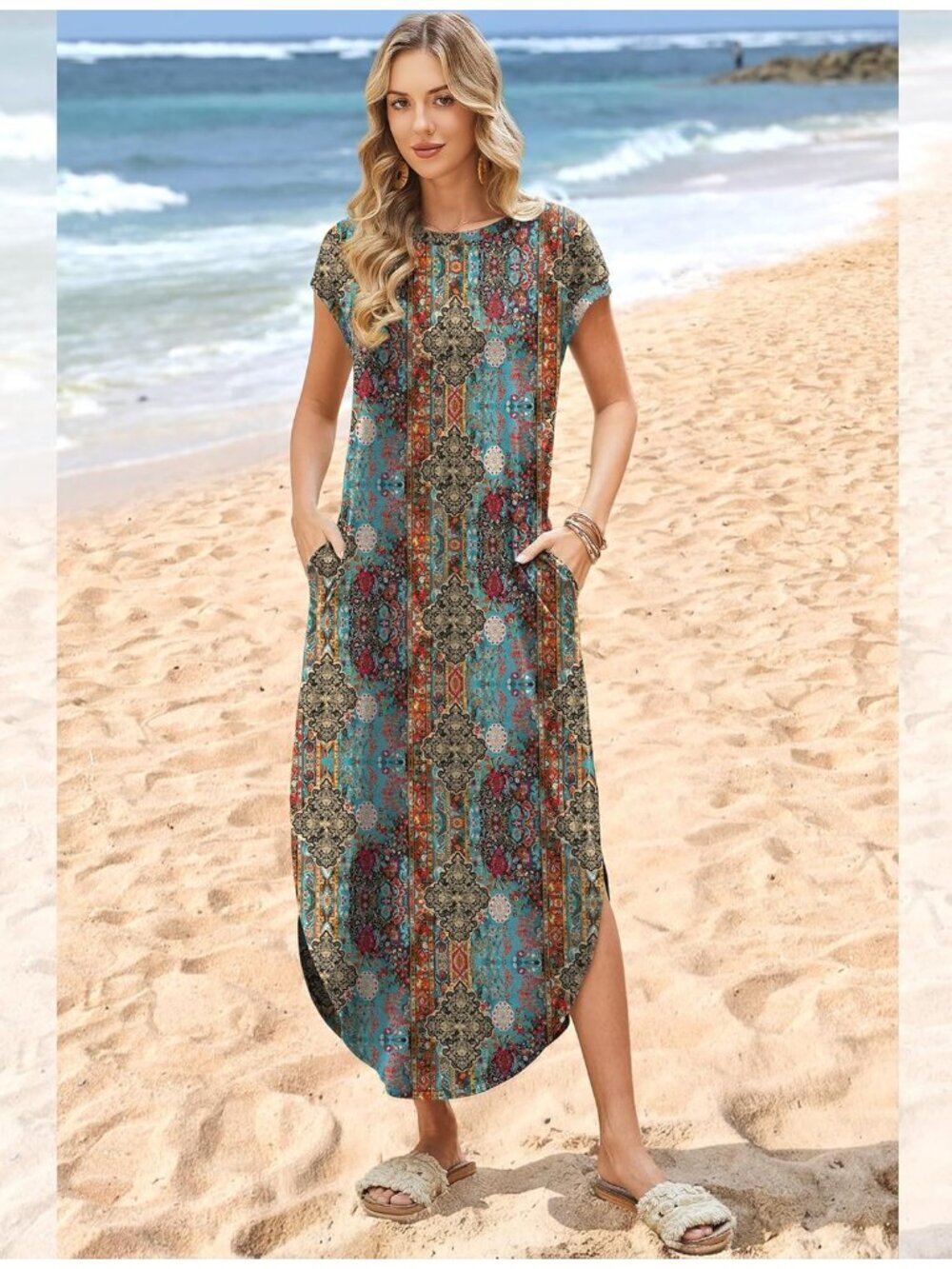 〽️Women Floral Boho Dark Blue Cap Sleeve Crewneck Casual Long Summer Maxi Dress